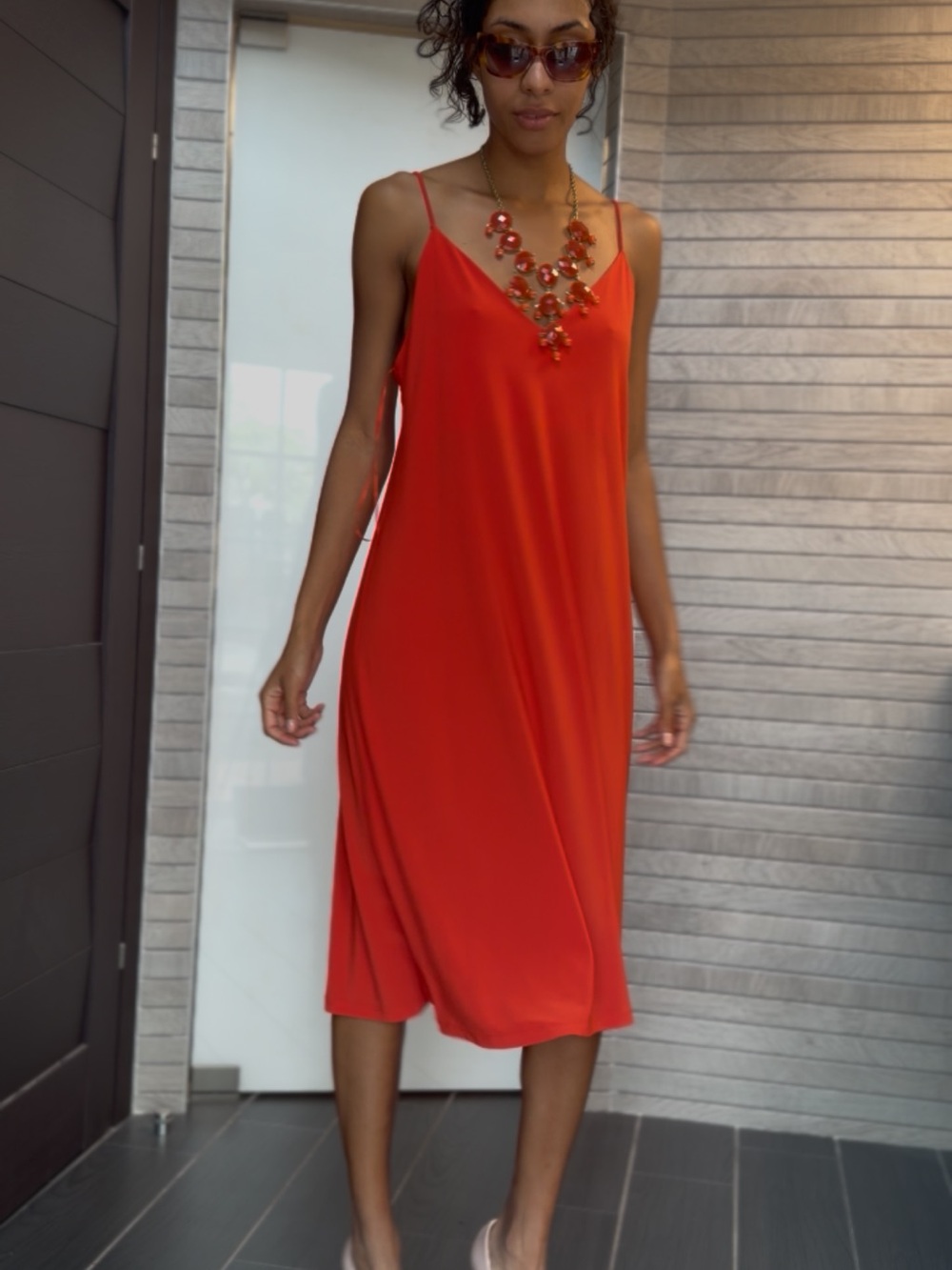 Zara Orange-Red Slip Midi Dress with Spaghetti Straps